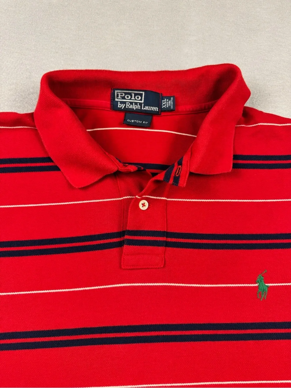 Polo Ralph Lauren Mens XXL Custom Fit Polo Shirt Red Navy White Striped Cotton